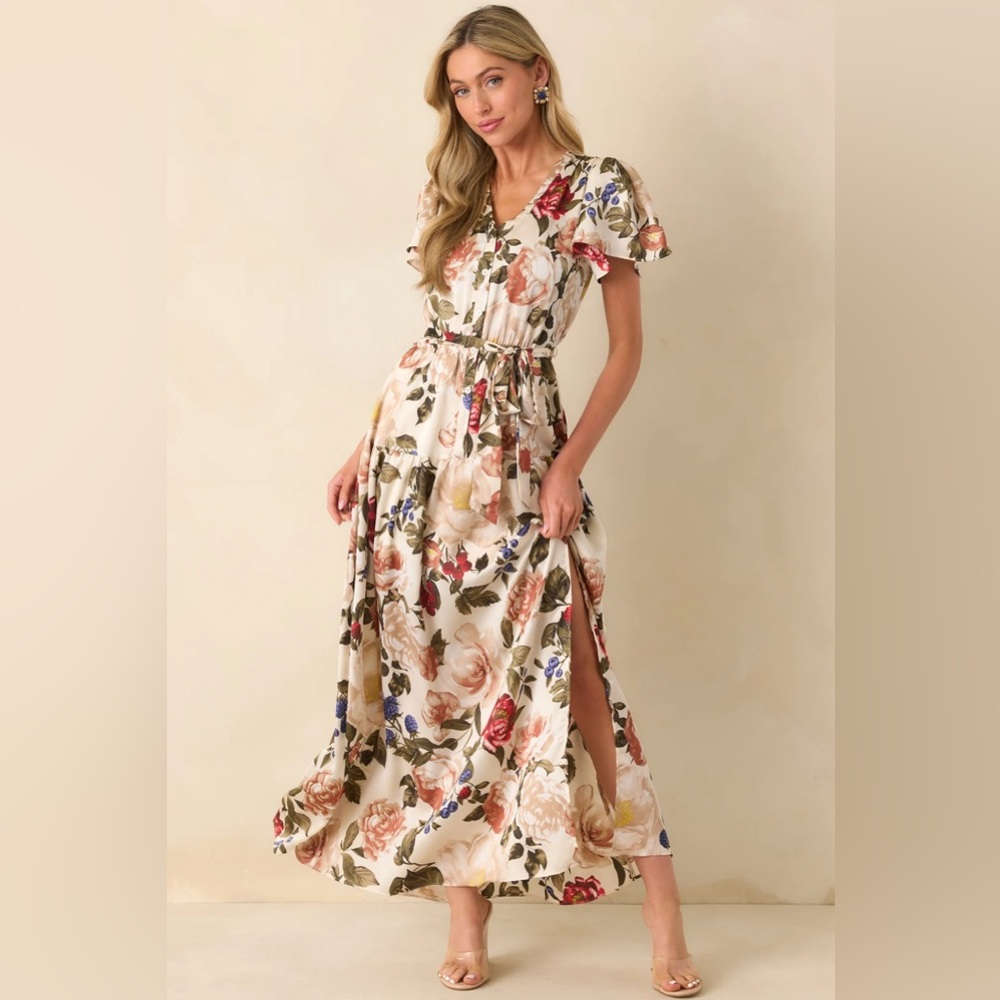 NWT! Staying True Ivory Multi Floral Print Satin Maxi Dress